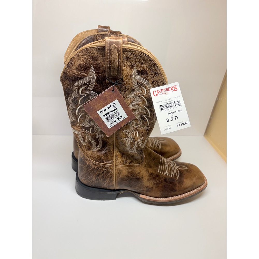 Old West Mens 8.5D Burnt Tan Leather Cowboy Boots BSM1900 Wide Square Toe Nwt
